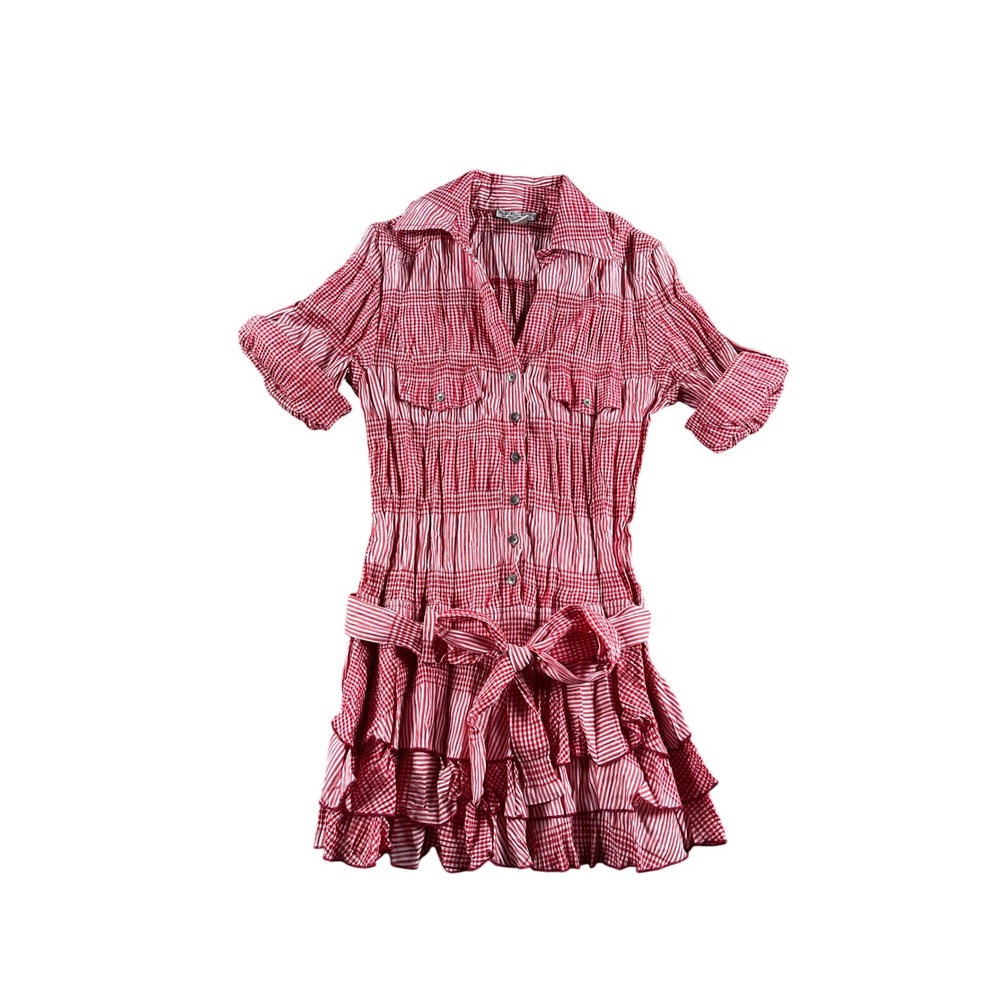 Alberto Makali Pink Red Striped Ruffled Mini Dress
